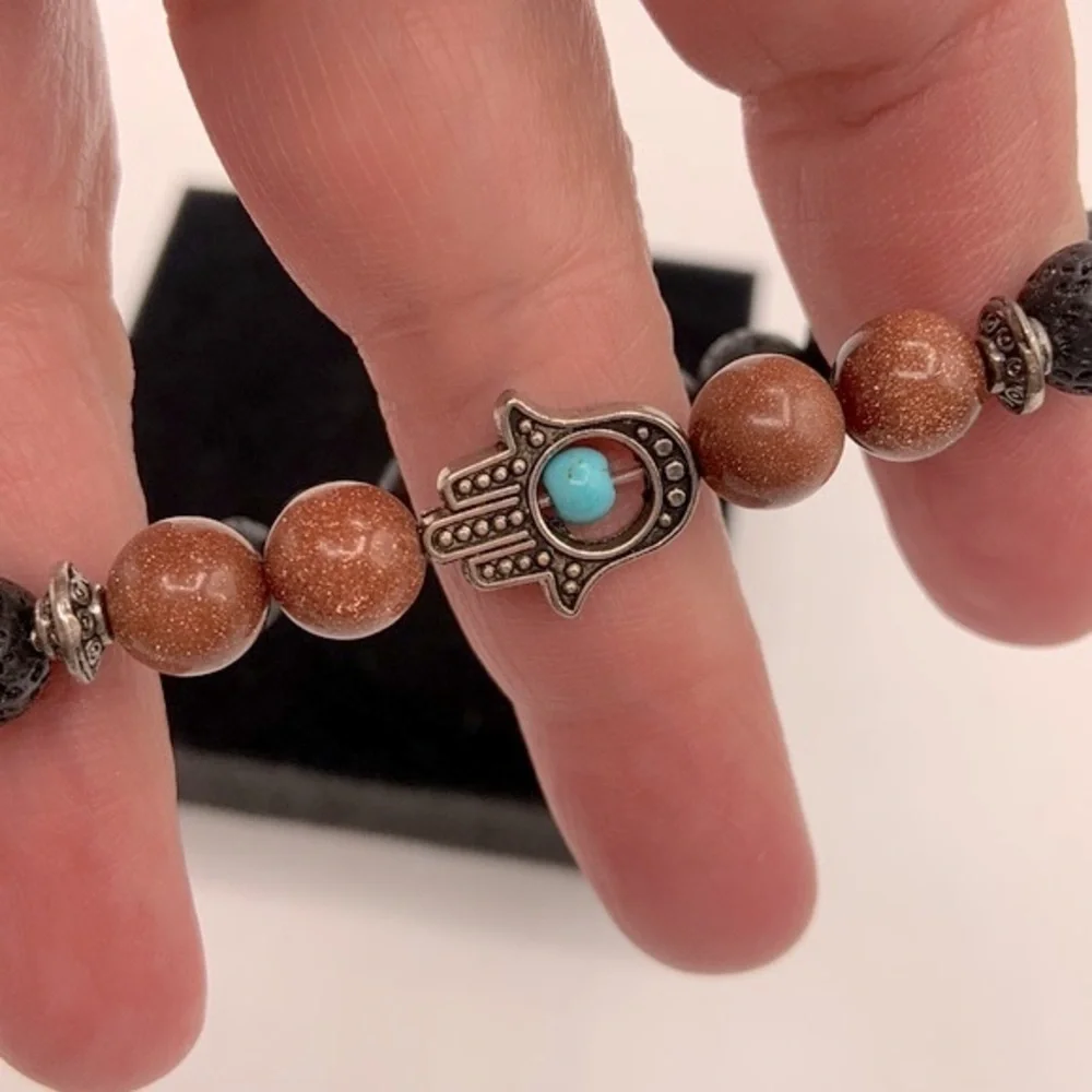 Boho Black & Orange Beaded Metal Hand Stretchy Bracelet New!‎
